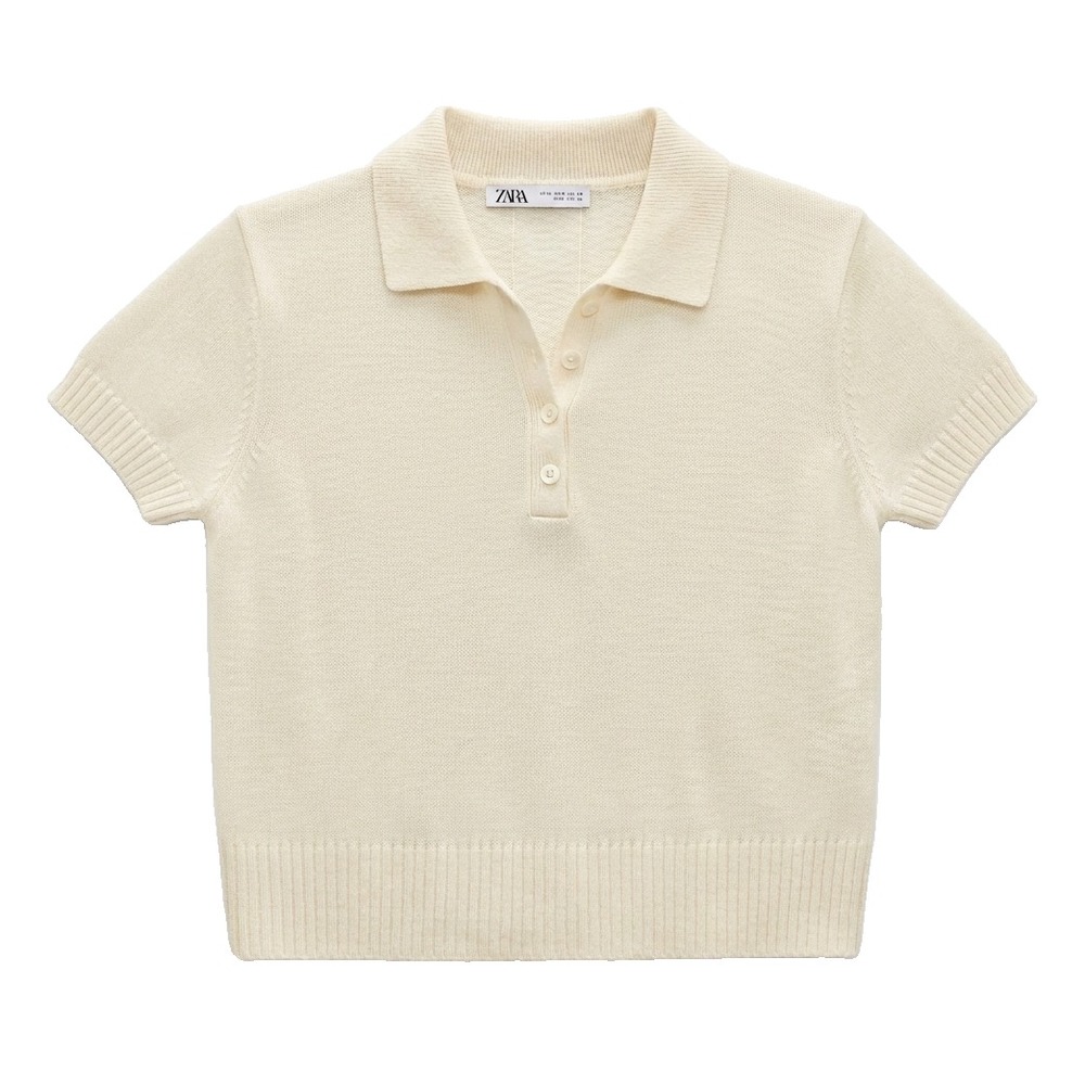 Zara Women's Small Top Sheer Ribbed Knit Short Sleeve Polo Ivory Collared